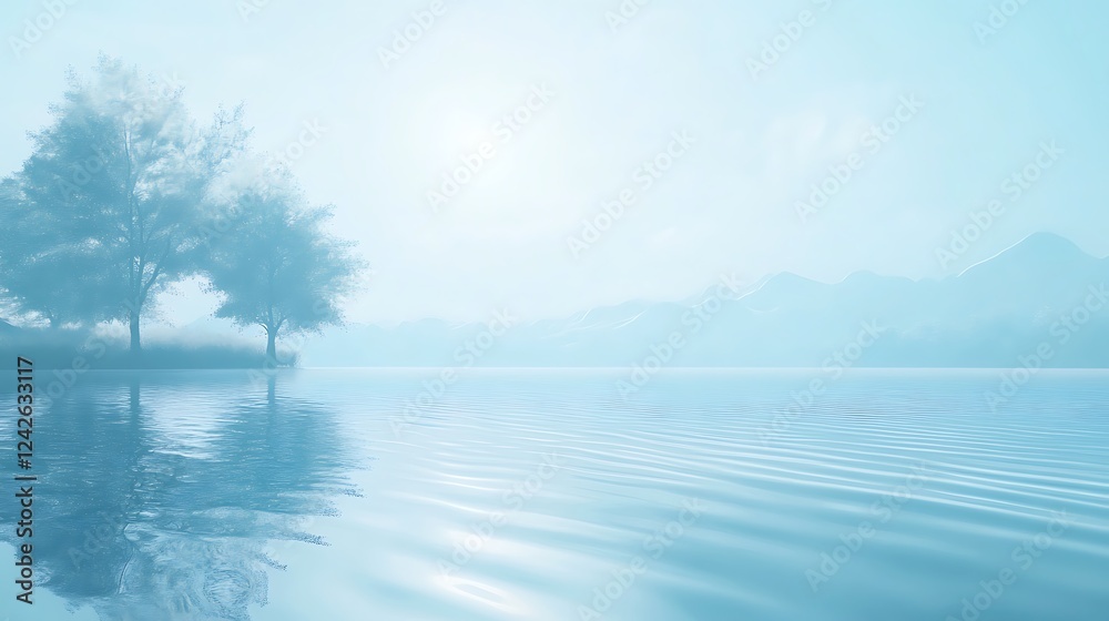 Tranquil Foggy Lake Landscape with Silhouetted Trees and Mountains Tranquil Foggy Lake Landscape with Silhouetted Trees and Mountains