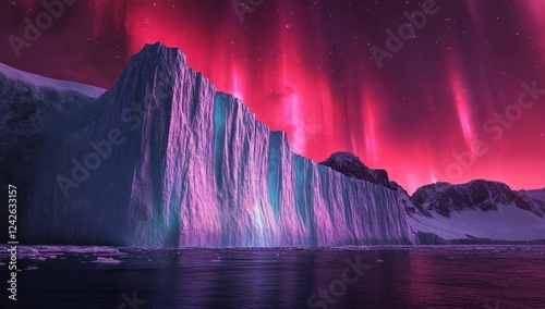 Wallpaper Mural Crimson Aurora and Iceberg: A breathtaking view of a towering iceberg bathed in the surreal glow of a vibrant crimson aurora borealis. Torontodigital.ca
