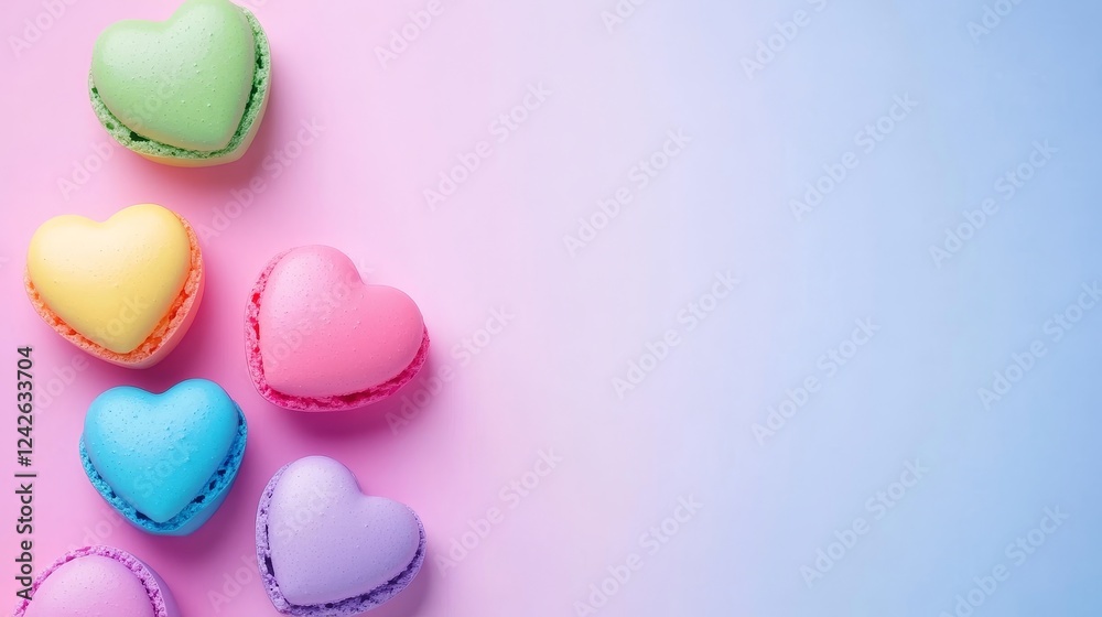 Fototapeta premium Sweet Heart Macarons Drone Shot - Colorful heart-shaped macarons arranged artfully, symbolizing love, sweetness, delicacy, celebration, and joy. Perfect for Valentine's Day or any special occasion.
