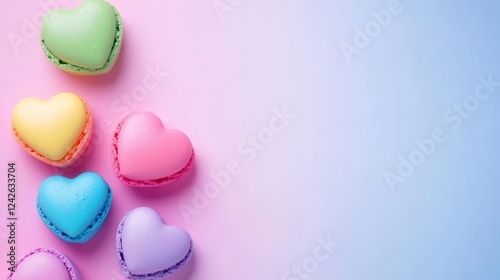 Sweet Heart Macarons Drone Shot - Colorful heart-shaped macarons arranged artfully, symbolizing love, sweetness, delicacy, celebration, and joy.  Perfect for Valentine's Day or any special occasion. photo