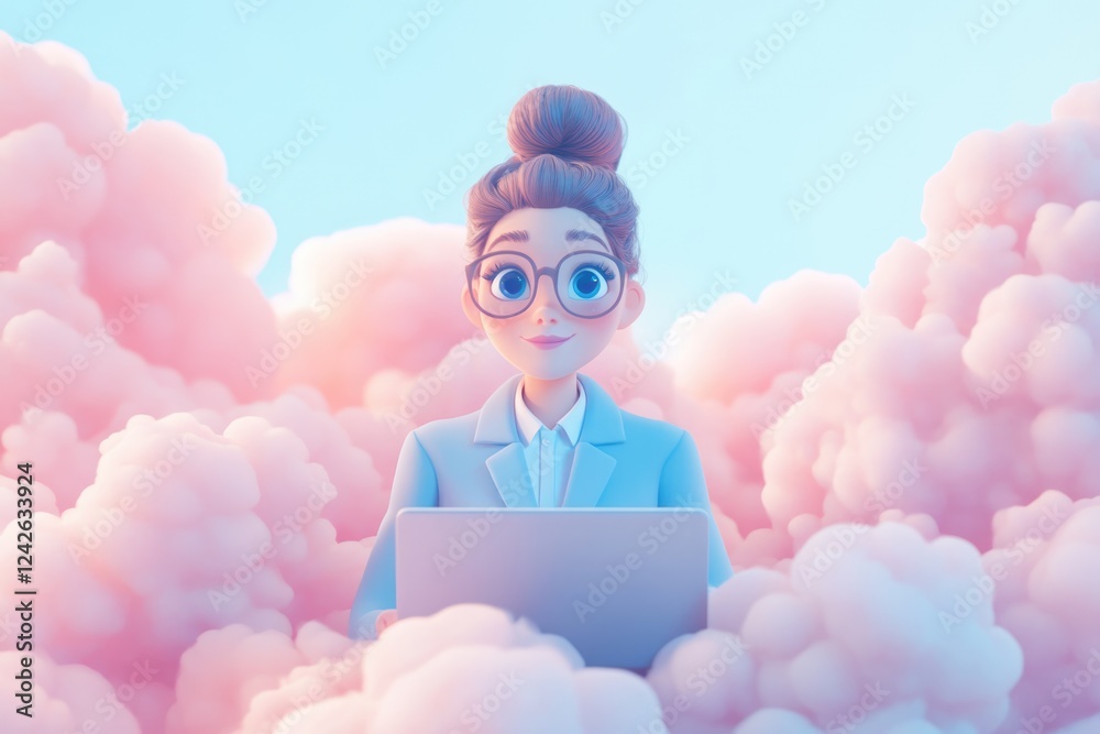 A cartoon woman with glasses works on her laptop amidst fluffy pink clouds, a dreamy, creative workspace.