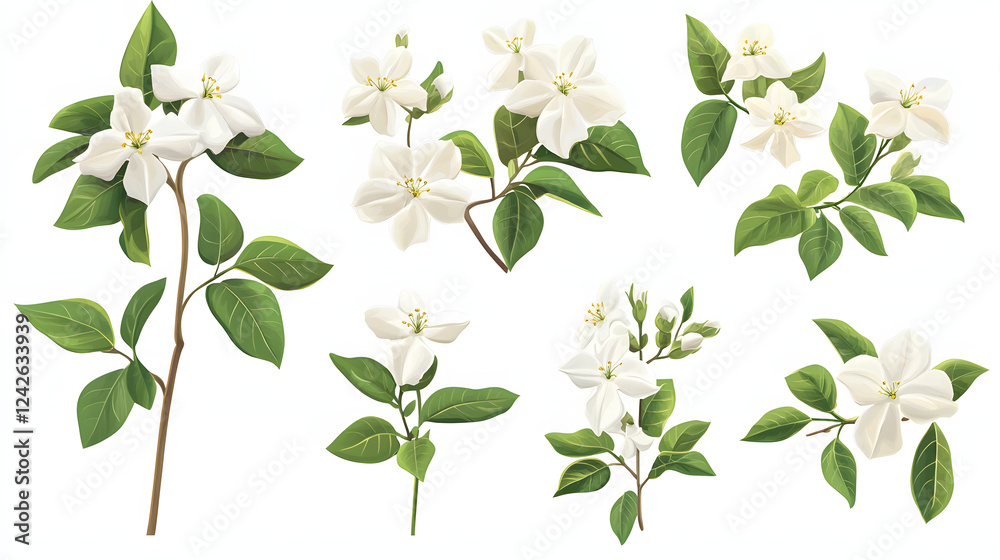 Delicate white blossoms on lush green branches. Delicate white blossoms on lush green branches.
