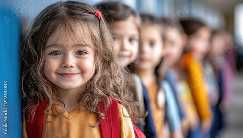 First Day Jitters: A line of adorable young children, full of anticipation and excitement, eagerly wait for their first day of school.