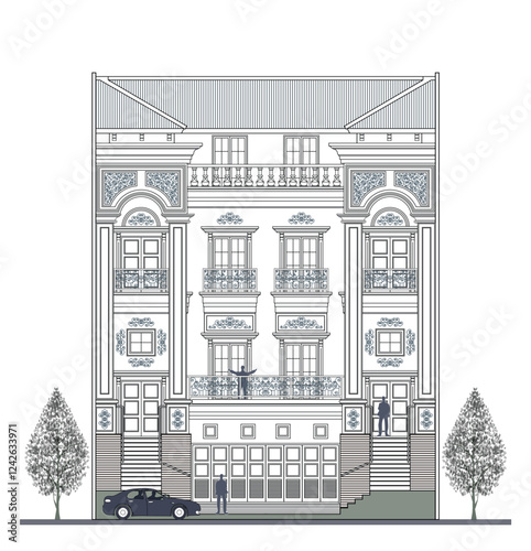 Facade of 4 storeys asymmetrical modern classic house with 5 doors, 12 windows, 4 columns, balustrade, frames, decoration, stairs, crowns, canopy, roof and its elements design.