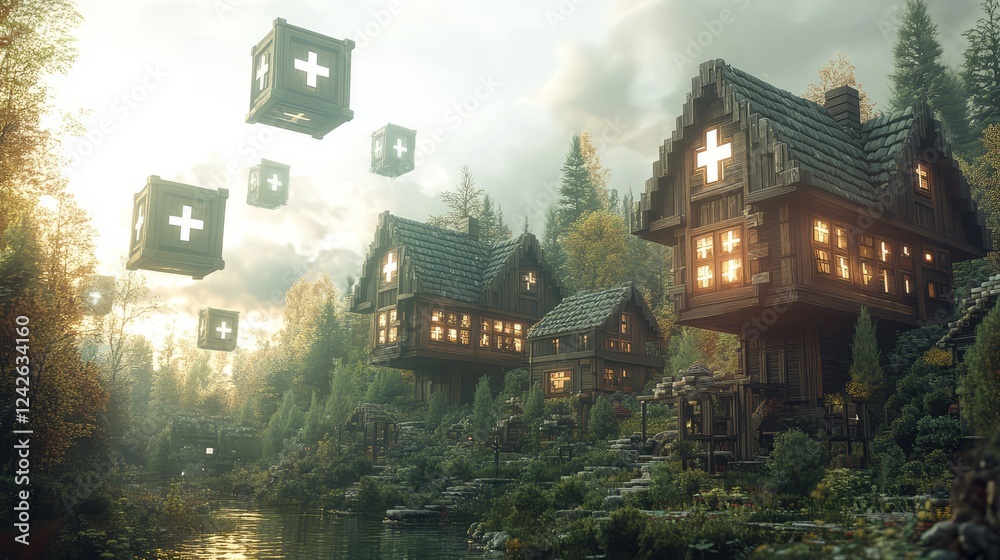 Fototapeta premium A serene landscape featuring magical wooden houses surrounded by lush greenery and floating cubes.
