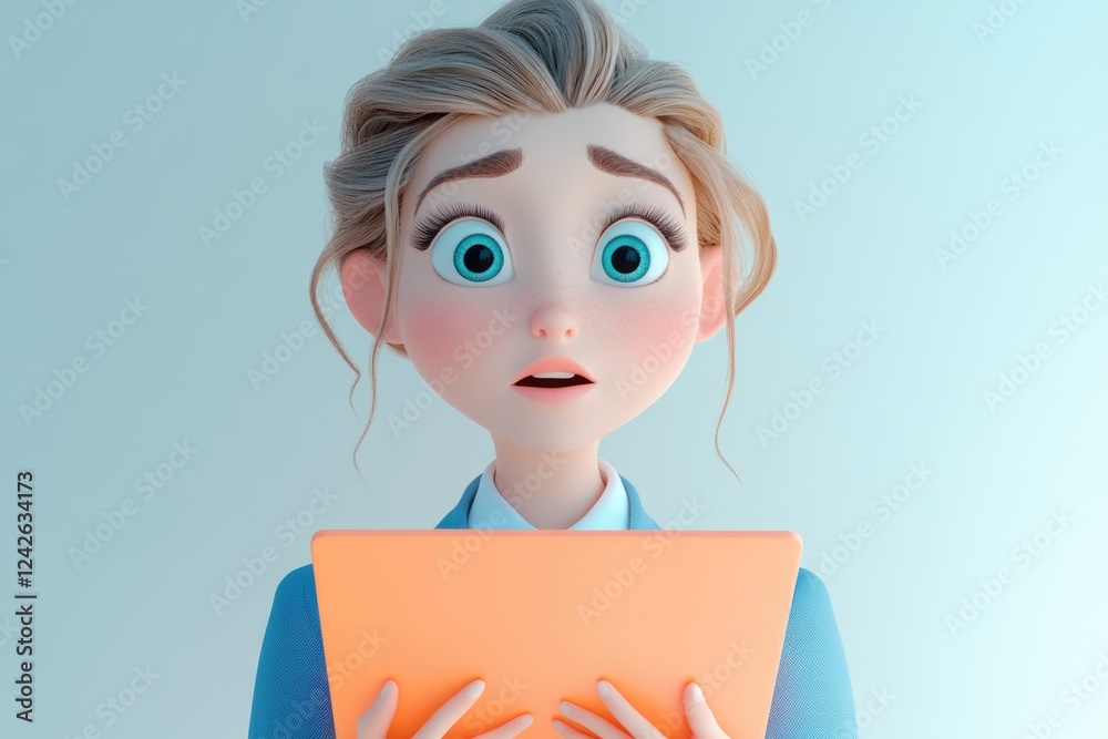 Surprised cartoon businesswoman holding an orange tablet, looking shocked and worried. Surprised cartoon businesswoman holding an orange tablet, looking shocked and worried.
