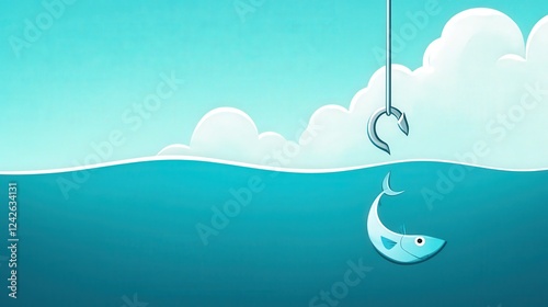 Fishing Hook with Cartoon Fish in Blue Ocean Background photo