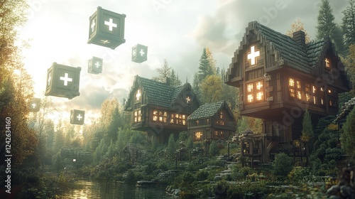 A serene landscape featuring magical wooden houses surrounded by lush greenery and floating cubes.