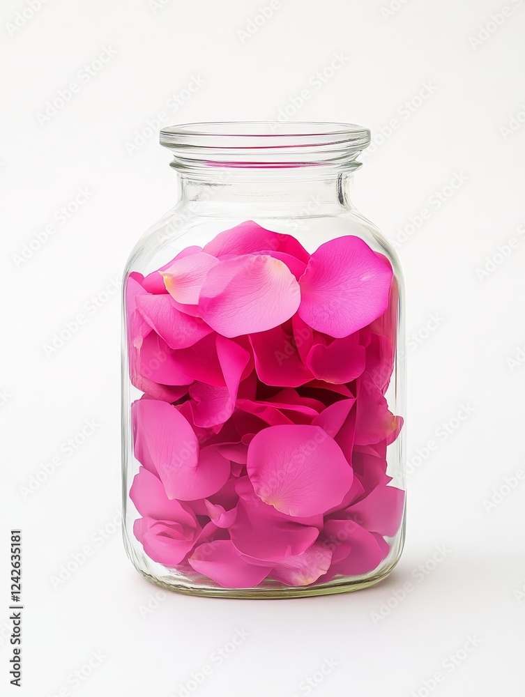 Pink Rose Petals in Glass Jar - Delicate pink rose petals in a clear glass jar. Symbolizing beauty, romance, fragility, purity, and nature. Pink Rose Petals in Glass Jar - Delicate pink rose petals in a clear glass jar. Symbolizing beauty, romance, fragility, purity, and nature.