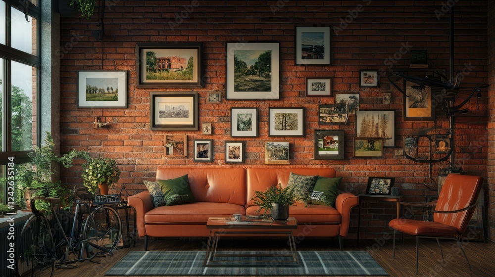 Contemporary living area featuring a well-balanced frame arrangement on a textured accent wall. Contemporary living area featuring a well-balanced frame arrangement on a textured accent wall.