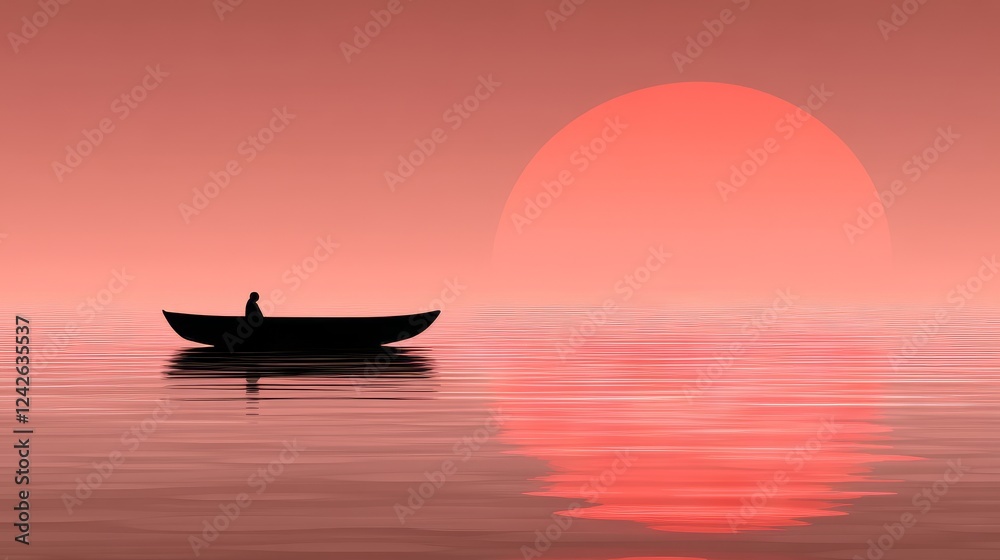 Solitary Figure in Rowboat at Sunset, Peaceful Waters Solitary Figure in Rowboat at Sunset, Peaceful Waters
