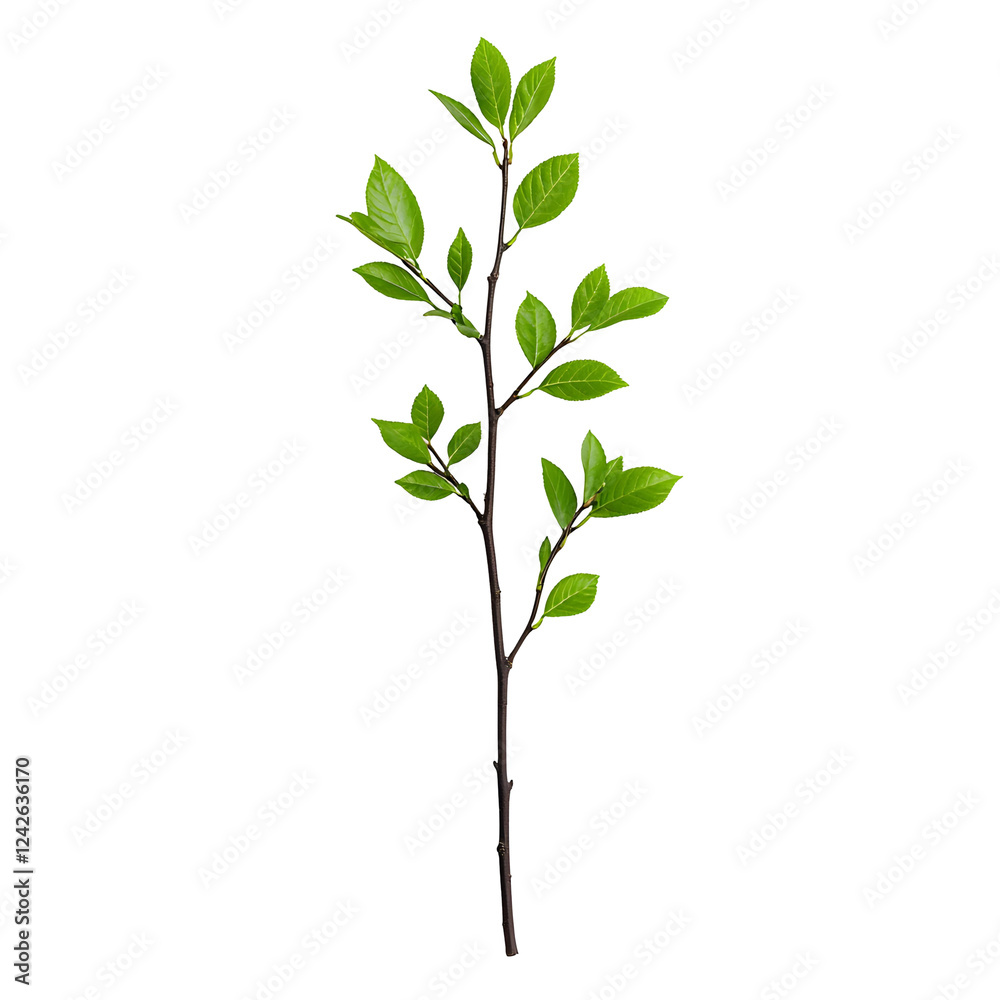 Fototapeta premium Green Leafy Branch with Fresh Leaves on Brown Stem Isolated Background