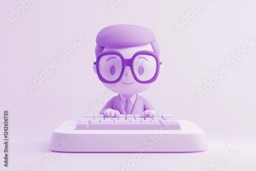 A 3D-rendered cartoon man with glasses types on a keyboard, a minimalist design.