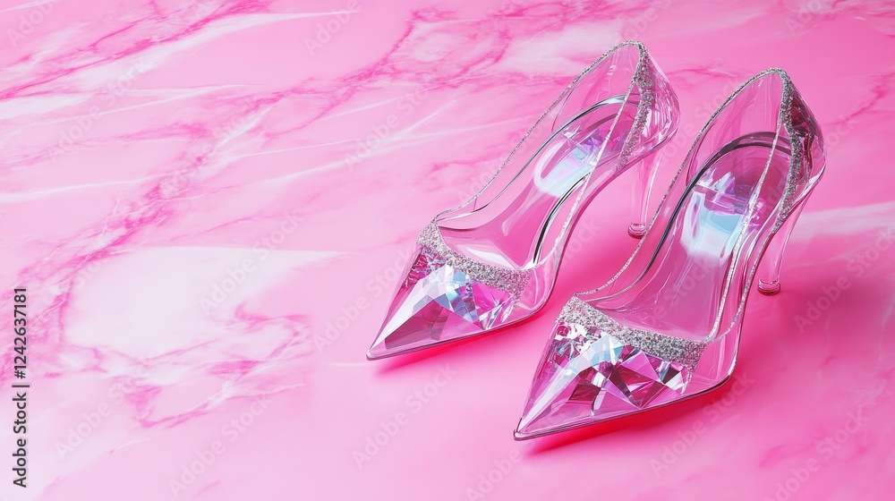 Crystal Heels on Pink Marble - Elegant glass slippers, sparkling crystals, pink marble background, fairytale theme, luxury footwear. Crystal Heels on Pink Marble - Elegant glass slippers, sparkling crystals, pink marble background, fairytale theme, luxury footwear.