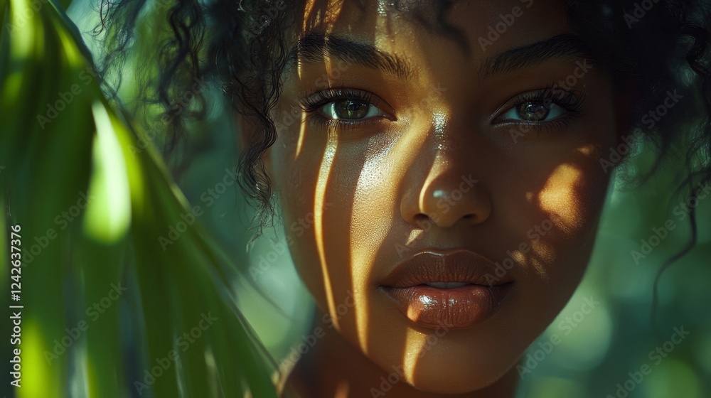 Closeup Portrait of a Woman with Dark Skin and Curly Hair Amid Lush Green Tropical Foliage Closeup Portrait of a Woman with Dark Skin and Curly Hair Amid Lush Green Tropical Foliage