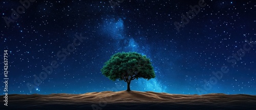 Lone Tree in Desert Landscape Under Starry Sky Night Illustrations in 3D Digital Art