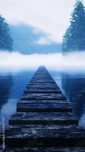 Serene Isolated Pier Stretching Into Still Foggy Water with Beautiful Ambient Atmosphere