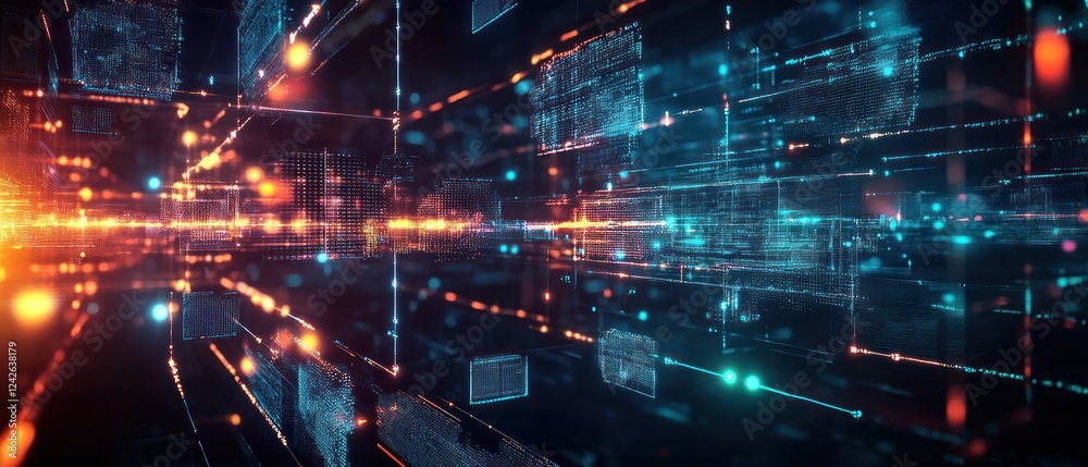 Fototapeta premium Abstract digital landscape with glowing data streams and grids