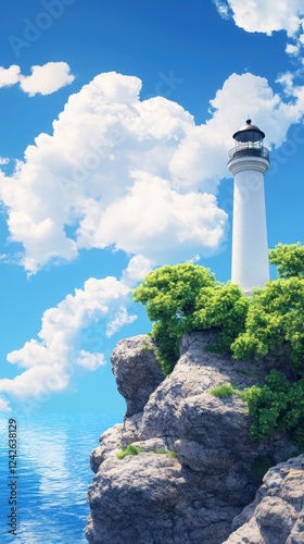 Remote lighthouse on rocky cliff overlooking vast ocean with blue sky and fluffy clouds