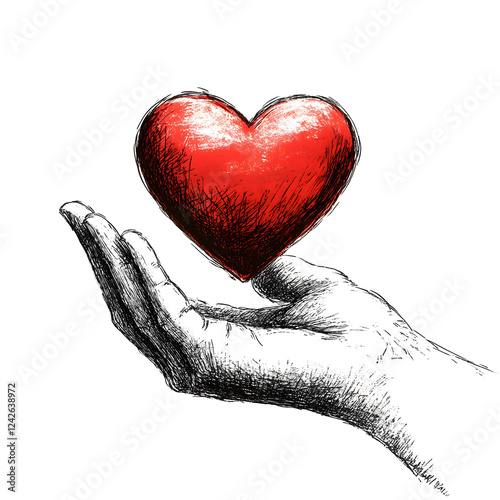 Hand Holding Red Heart Symbolizing Love and Compassion in Artwork