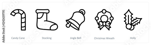 A set of 5 christmas icons as candy cane, stocking, jingle bell