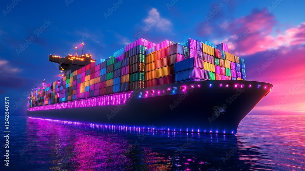 Fototapeta premium Neon Lights Cargo Ship at Sunset - Futuristic container vessel, vibrant colors, global trade, technological advancement, nighttime voyage.