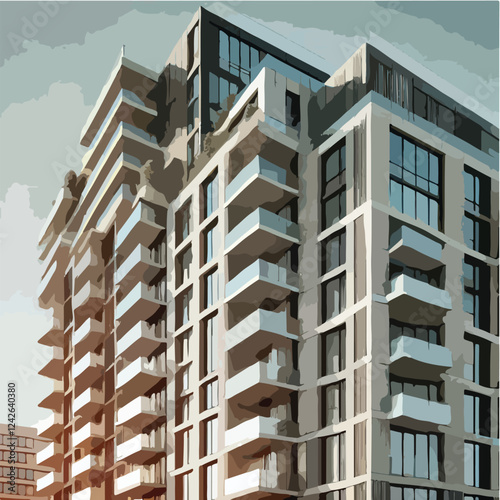 Here's a description of the image, formatted as alt text: Apartment building. An illustration of a tall, modern apartment building with balconies and large windows. 