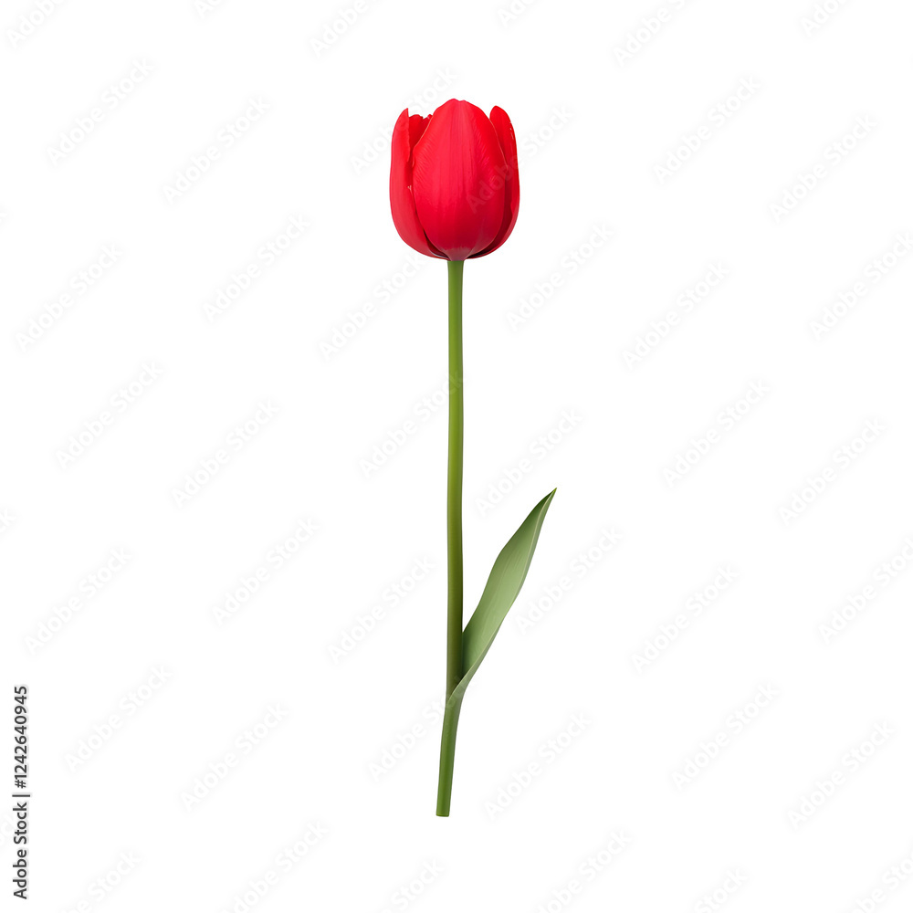 Single Red Tulip on a White Background with Green Stem and Leaf Single Red Tulip on a White Background with Green Stem and Leaf
