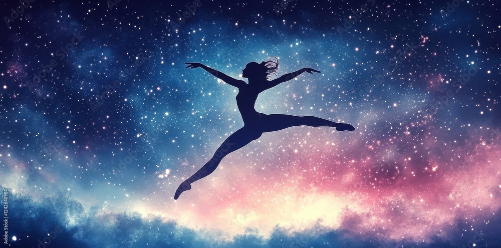 Silhouette of a dancer leaping across a starry night sky Silhouette of a dancer leaping across a starry night sky