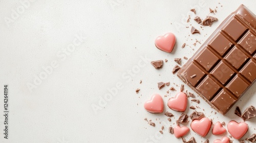 Chocolate bar with heart-shaped pieces sweet treats kitchen close-up