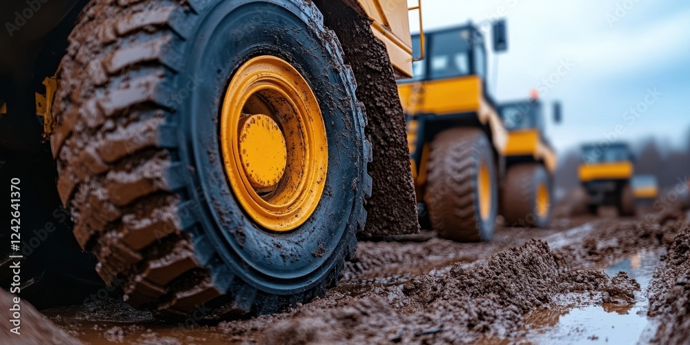 Construction machinery close-up at work on a job site industrial environment captured from ground level Construction machinery close-up at work on a job site industrial environment captured from ground level