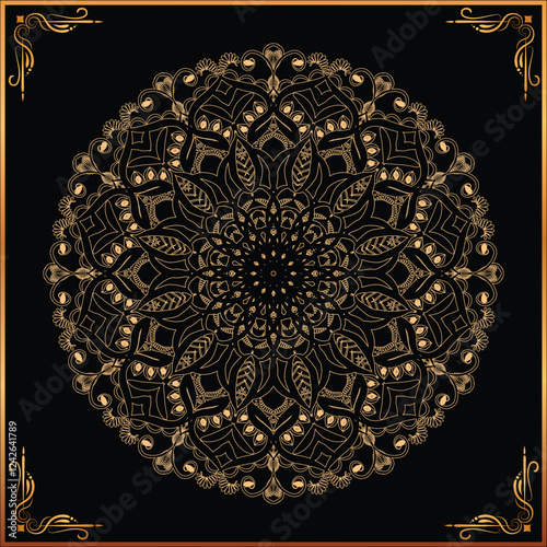 Luxury mandala design in gold color for decorations, greeting cards, fabric patterns, invitation and other printings, Black outlines also available for adult coloring book.
