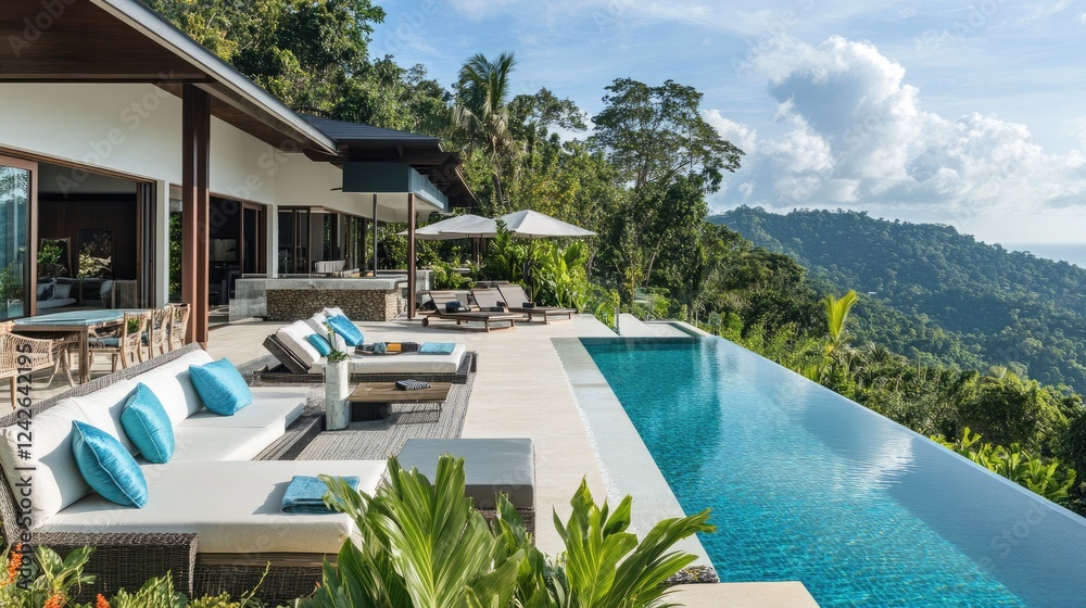 Fototapeta premium Luxurious villa outdoor lounge with tropical plants, modern furniture, and a relaxing vibe.