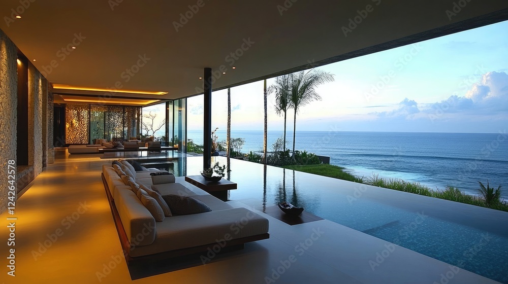 Fototapeta premium Minimalist and elegant modern villa living room with stylish seating and warm neutral colors.