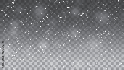 White snow overlay on a clear, transparent dark background. Vector frosty particles illustration stock illustration