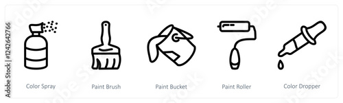 A set of 5 design icons as color spray, paint brush, paint bucket