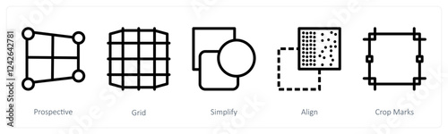 A set of 5 design icons as prospective, grid, simplify