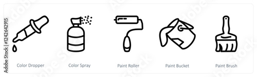 A set of 5 design icons as color dropper, color spray, paint roller