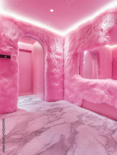 Pink Marble and Fluffy Fur Room Interior - Luxurious pink room design, soft fur textures, elegant marble floor, modern archway, and a tranquil atmosphere. Symbolizes: luxury, comfort, serenity photo