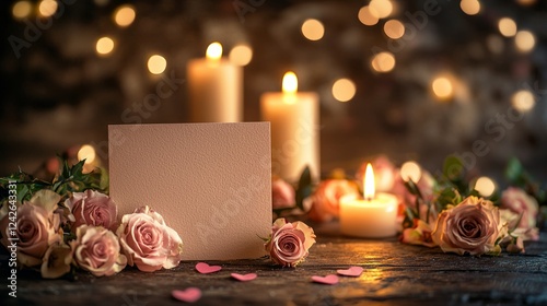Valentine mockup card and heart background minimal. Blank Card Amidst Candle Light Roses Arrangement for Romantic Celebration Decoration Concept.