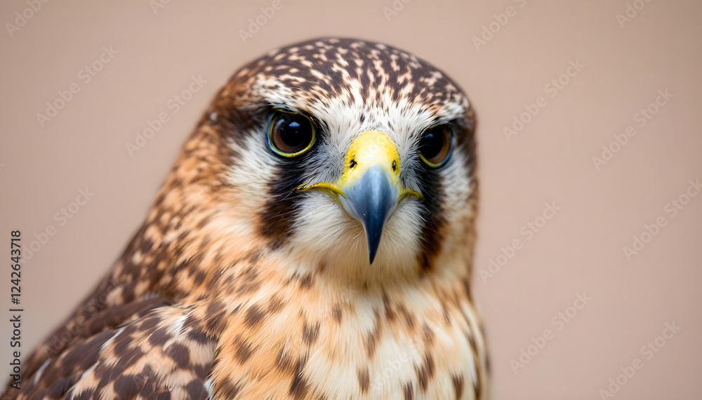 A close-up of a falcon with a distinctive patterned plumage featuring shades of brown and cream A close-up of a falcon with a distinctive patterned plumage featuring shades of brown and cream