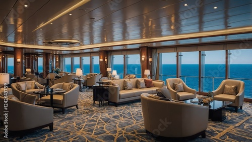 Elegant cruise ship interior with luxurious cabins, modern lounges, and panoramic windows