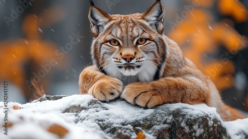 A Majestic Eurasian Lynx Resting on a Snow-Covered Rock During a Gentle Winter Snowfall, Exhibiting its Striking Fur and Powerful Paws.