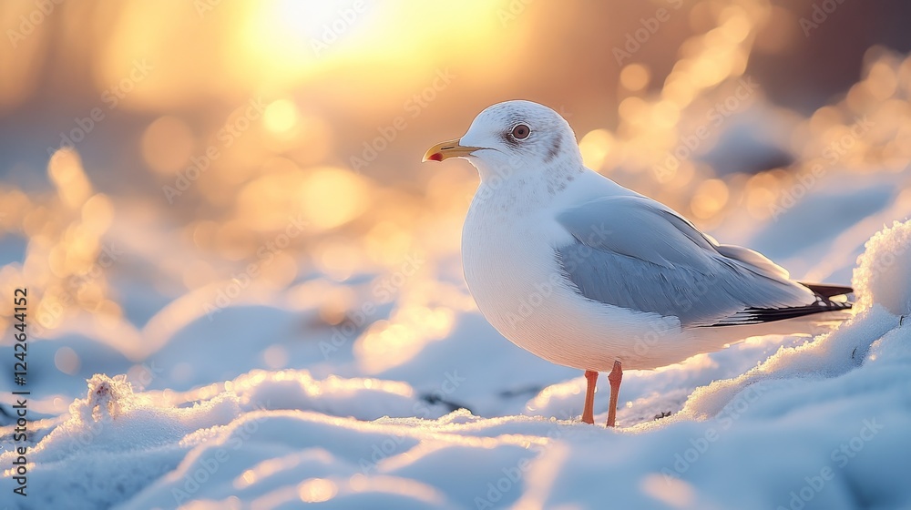 A Serene Sunset: A European Herring Gull in Winter Wonderland A Serene Sunset: A European Herring Gull in Winter Wonderland