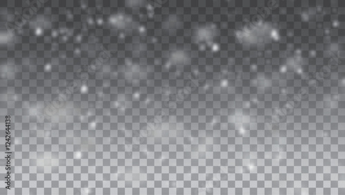 White snow overlay on a clear, transparent dark background. Vector frosty particles illustration stock illustration