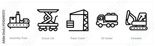 A set of 5 industry icons as assembly track, scissor lift, tower crane