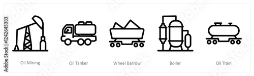A set of 5 industry icons as oil mining, oil tanker, wheel barrow