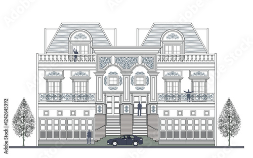 Facade of 3 storeys symmetrical modern classic house with 4 doors, 6 windows, 3 columns, balustrade, frames, decoration, stairs, crowns, canopy, trapezoidal roof and its elements design.
