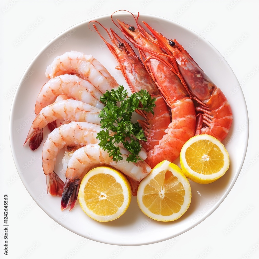 Fresh Shrimp and Prawns with Lemon Garnish on White Plate for Culinary Presentation and Seafood Cooking Concepts Fresh Shrimp and Prawns with Lemon Garnish on White Plate for Culinary Presentation and Seafood Cooking Concepts