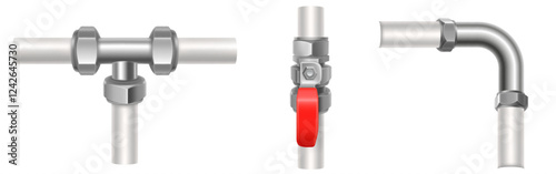 3d plumbing pipe connectors set - metallic tee joint, straight valve with red handle, bent fitting with hex nuts. Professional water supply equipment. Construction elements for bathroom and kitchen.